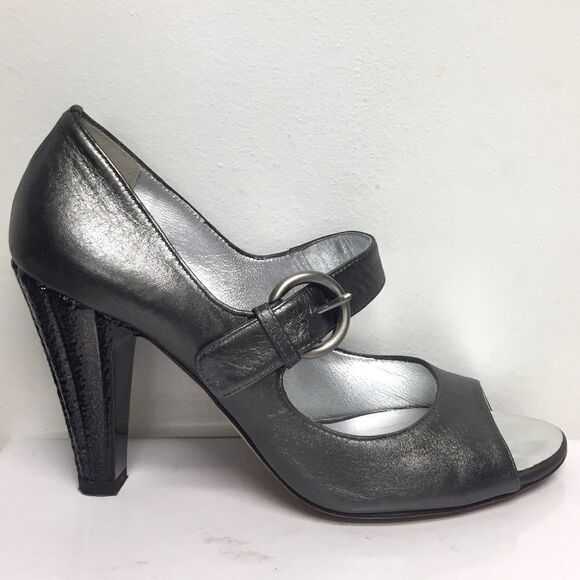 GIUSEPPE ZANOTTI Peep Toe Mary Jane Metallic Heels Silver Grey 7 - Picture 3 of 9